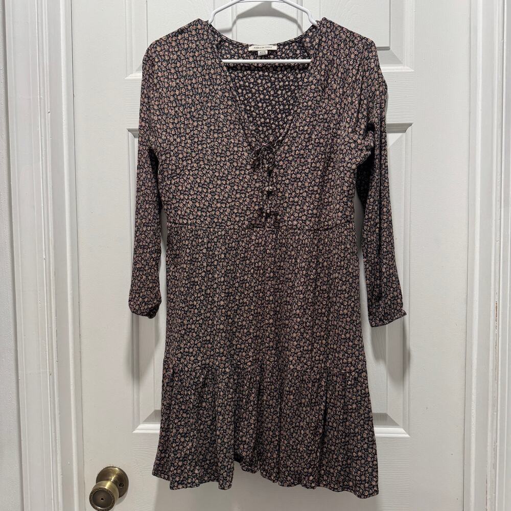 American Eagle Womens S Black Floral Dress Long Sleeve Lace Up Boho Cottagecore